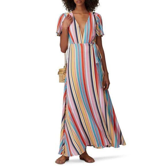 Louna Meghan Striped Multicolor Maxi Wrap Dress Size Small RTR Chic & Flowy - Picture 1 of 14
